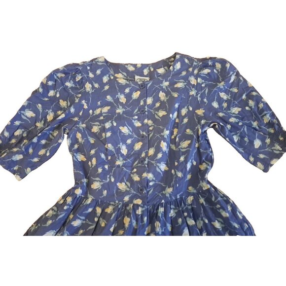 Vintage Laura Ashley Dress Blue Floral Puff Sleeve Made in Britain Cotton 90s 10 - Picture 2 of 9